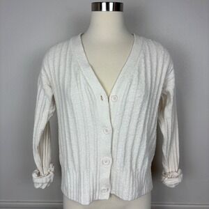 Margaret O'Leary Ivory‎ Cardigan Size S Ribbed Knit V Neck Quiet Luxury Soft